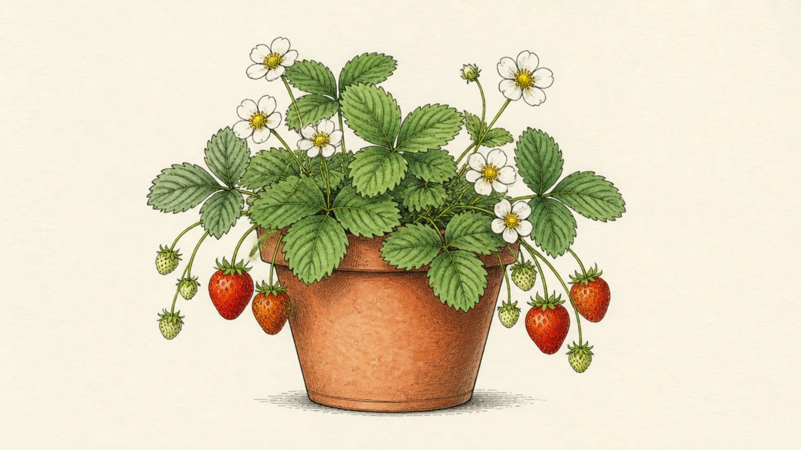 A strawberry plant growing in a terracotta pot with berries over the rim