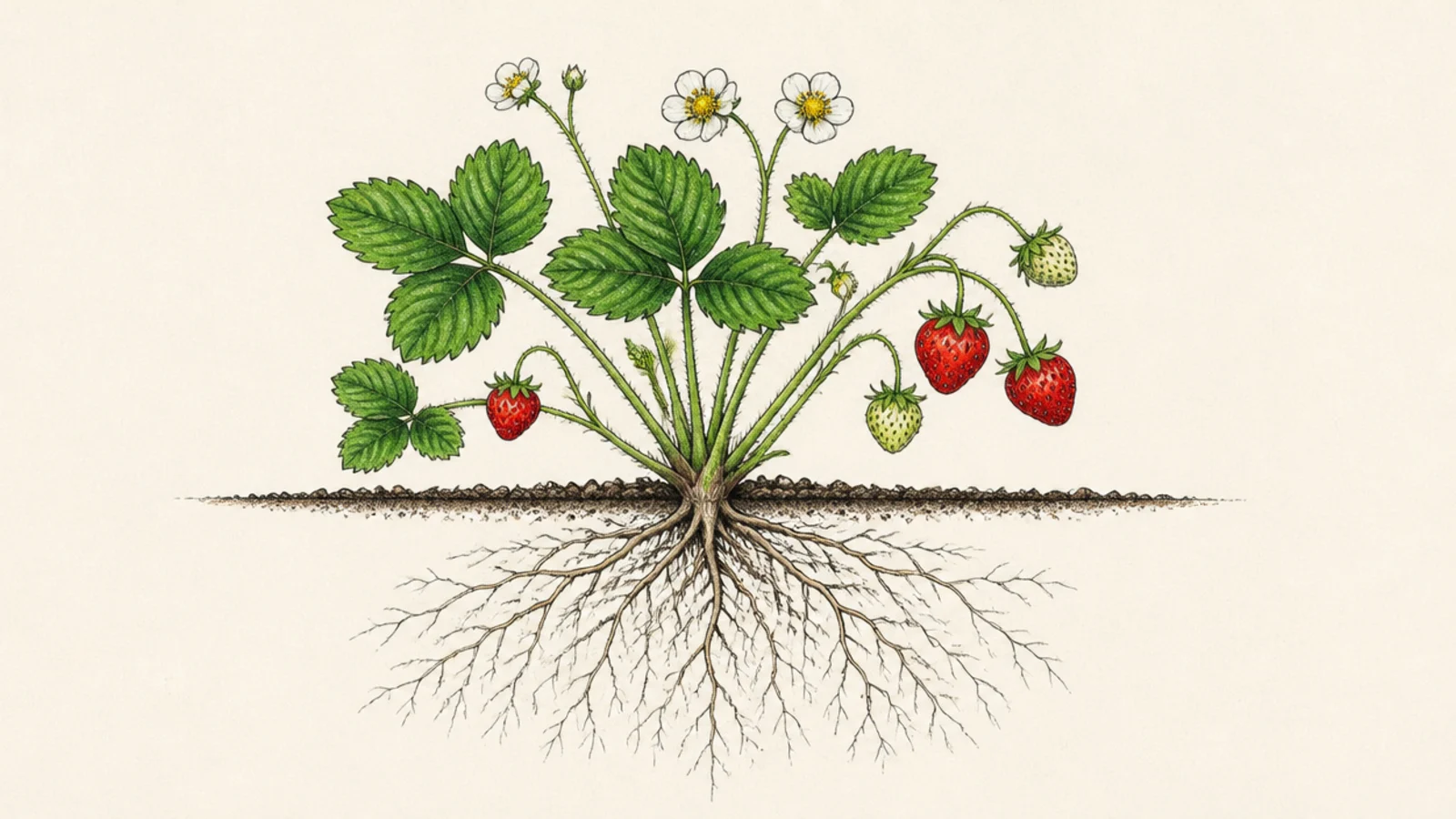 A strawberry plant shown with its roots below the soil line