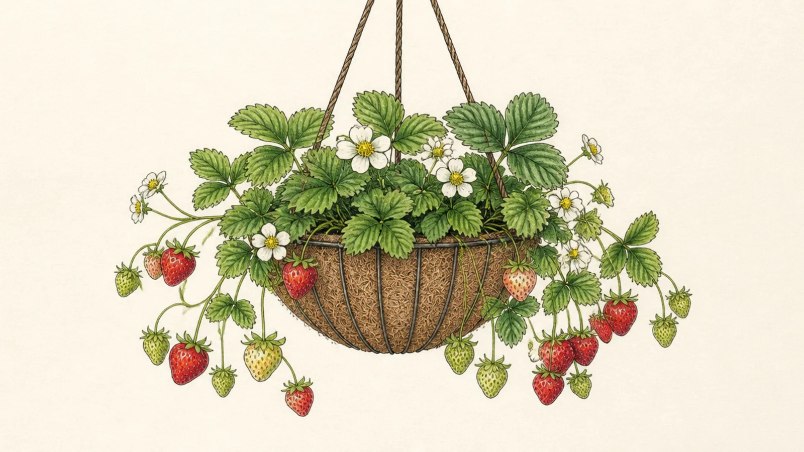 A strawberry plant cascading from a hanging basket