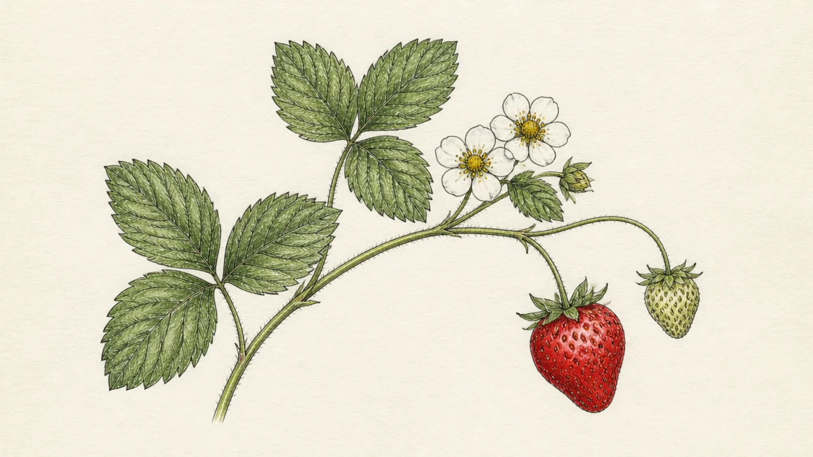 A detailed botanical branch with leaves, flowers, and a labeled look