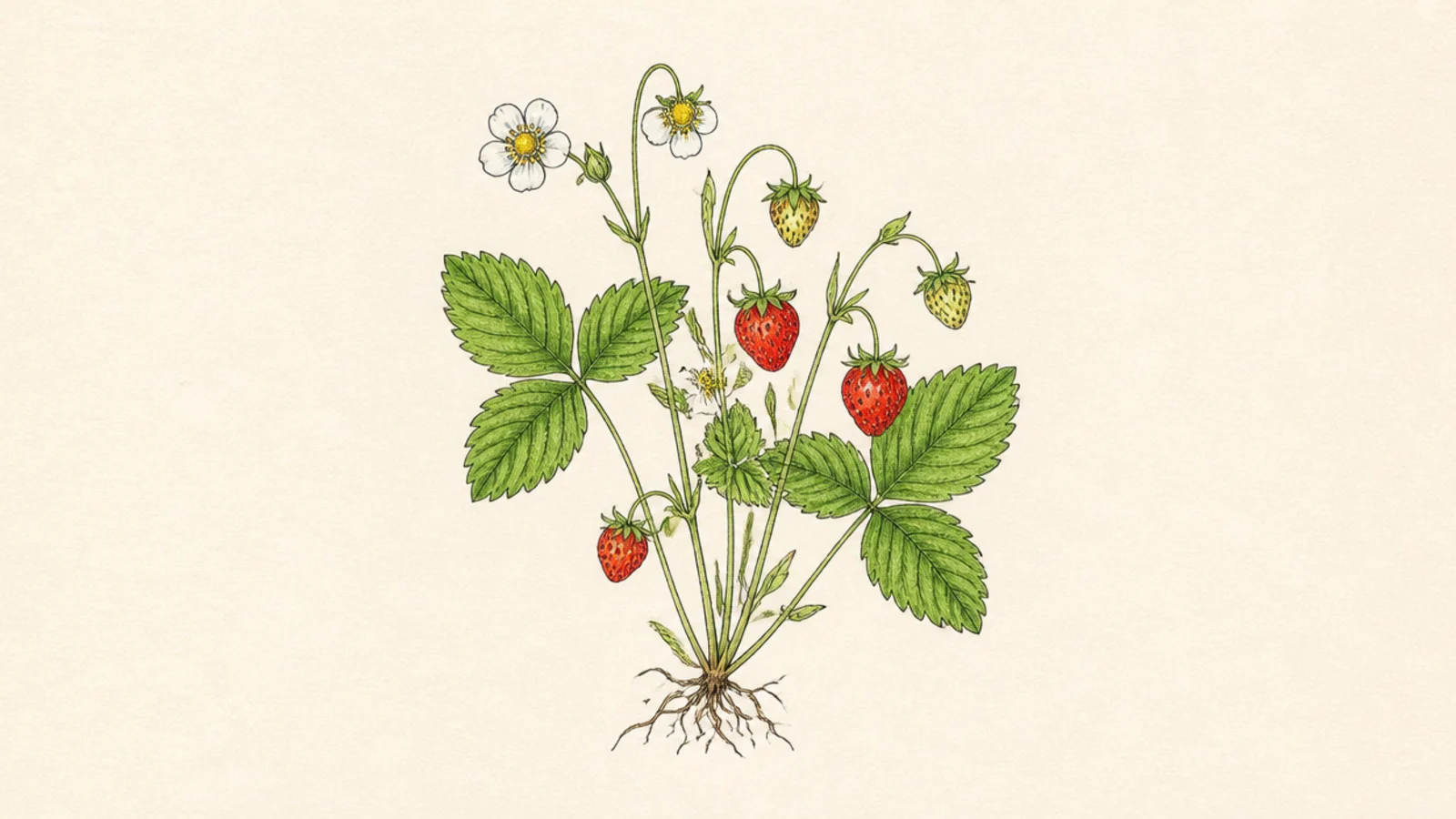 A delicate wild strawberry plant with tiny berries