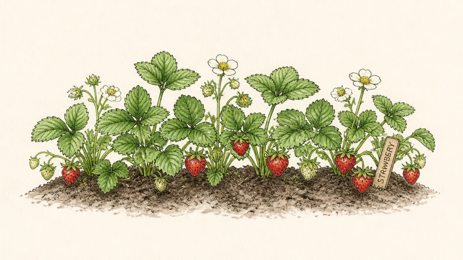 A row of strawberry plants in a garden patch