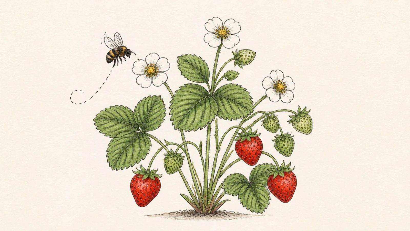 A flowering strawberry plant with a bee visiting a blossom