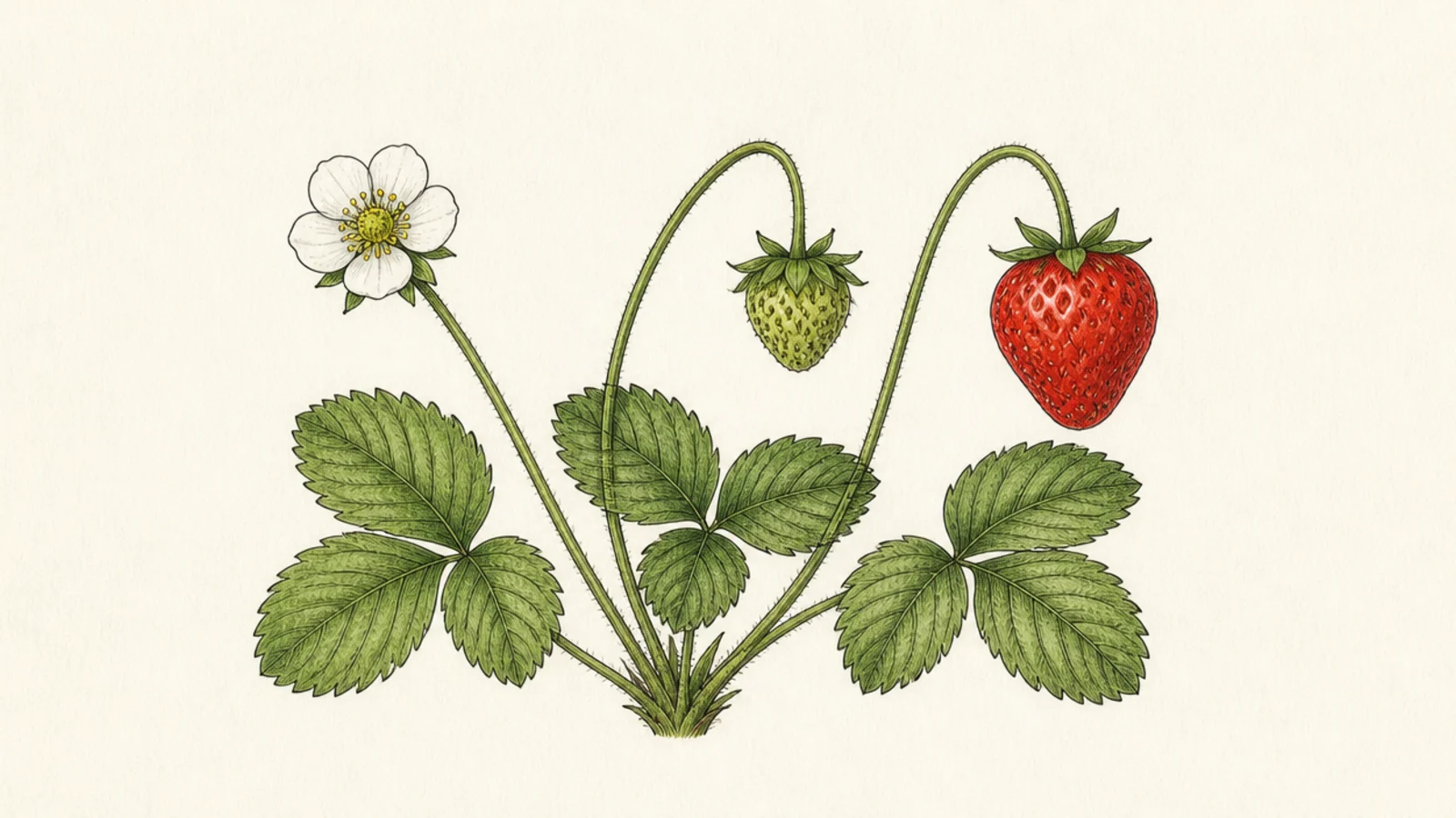 A row showing a strawberry going from blossom to ripe berry
