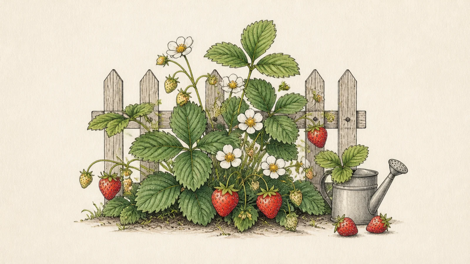 A cozy garden corner with strawberry plants, a fence, and a watering can