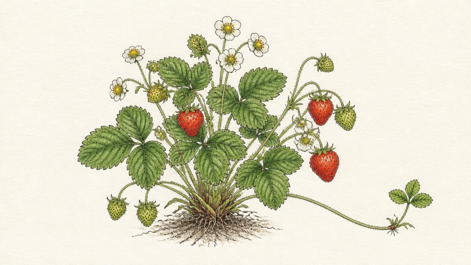 A full strawberry plant with leaves, runners, flowers, and ripe berries