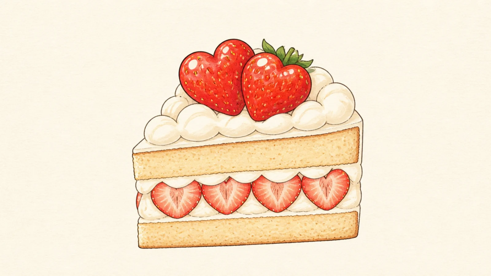 A side view of a layered strawberry shortcake slice with cream and berries