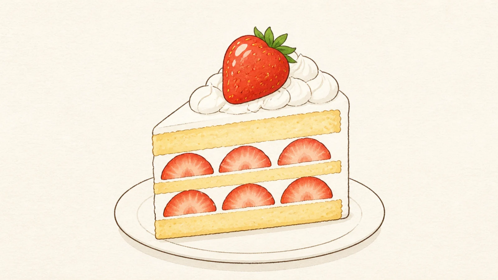 A triangular slice of strawberry shortcake on a small plate