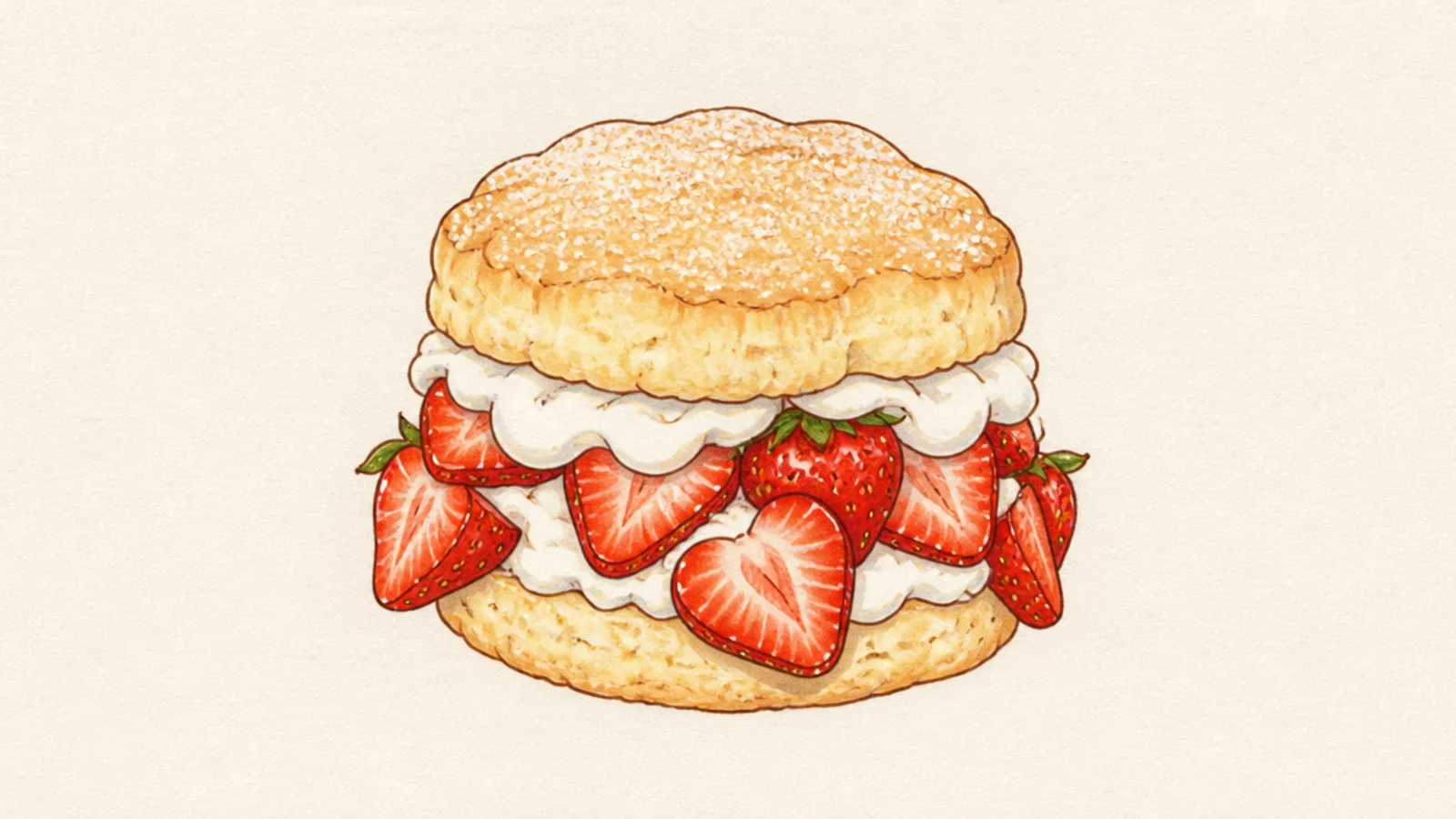 A split biscuit shortcake with cream and berries spilling out