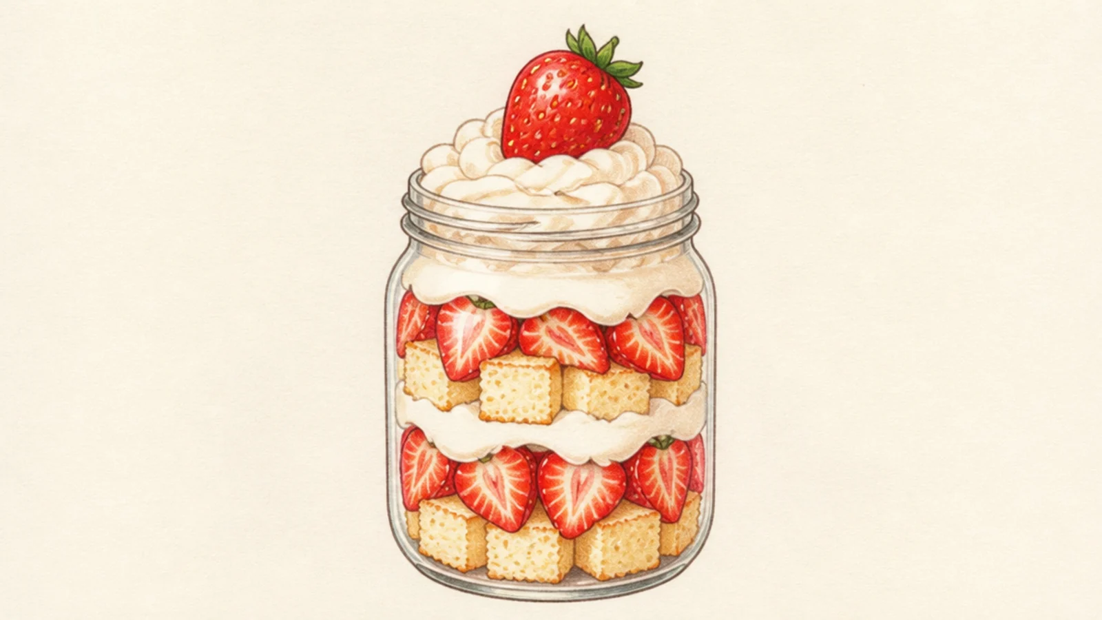 A mason jar layered with sponge cubes, cream, and strawberries