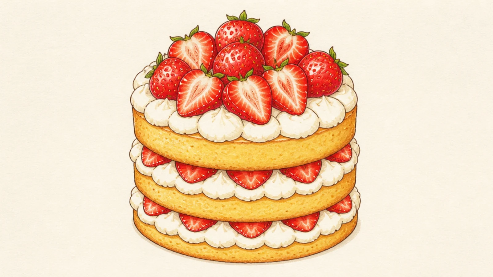 A tall three-layer strawberry shortcake stacked high with cream