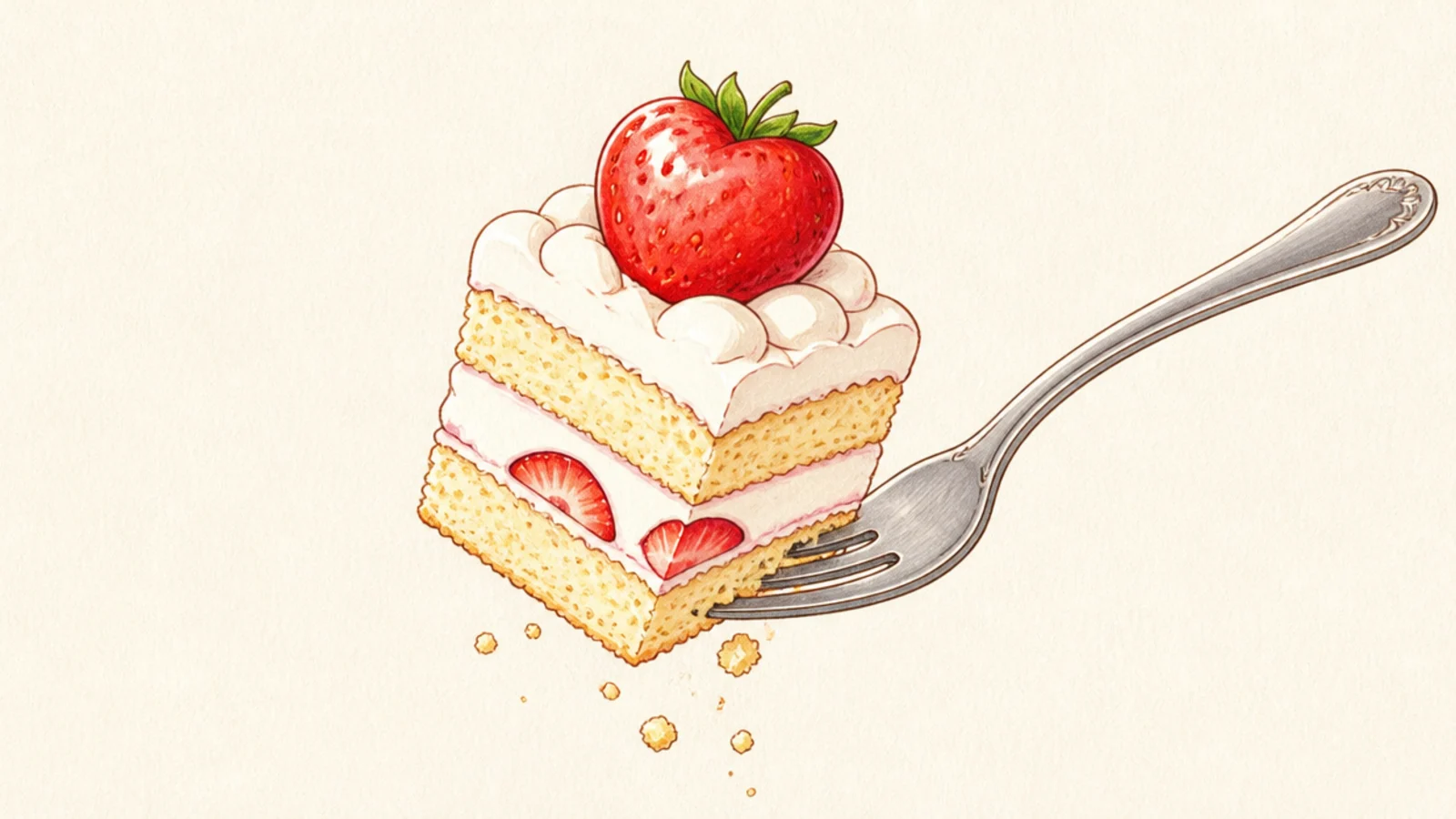 A forkful of strawberry shortcake lifted from a plate