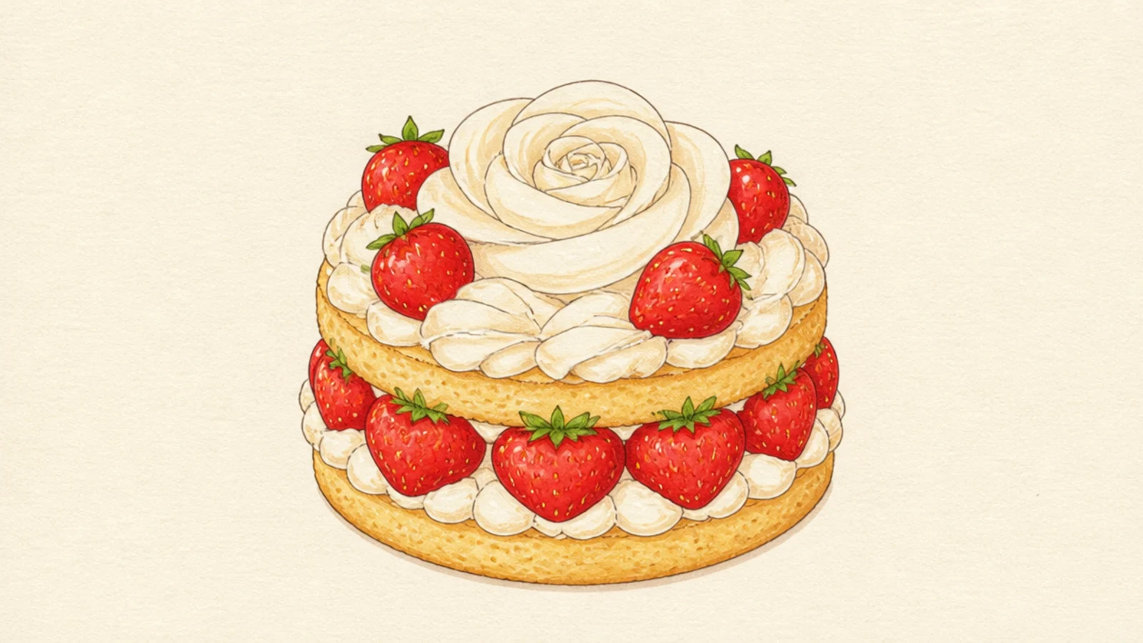 A round shortcake topped with a big piped cream swirl and berries