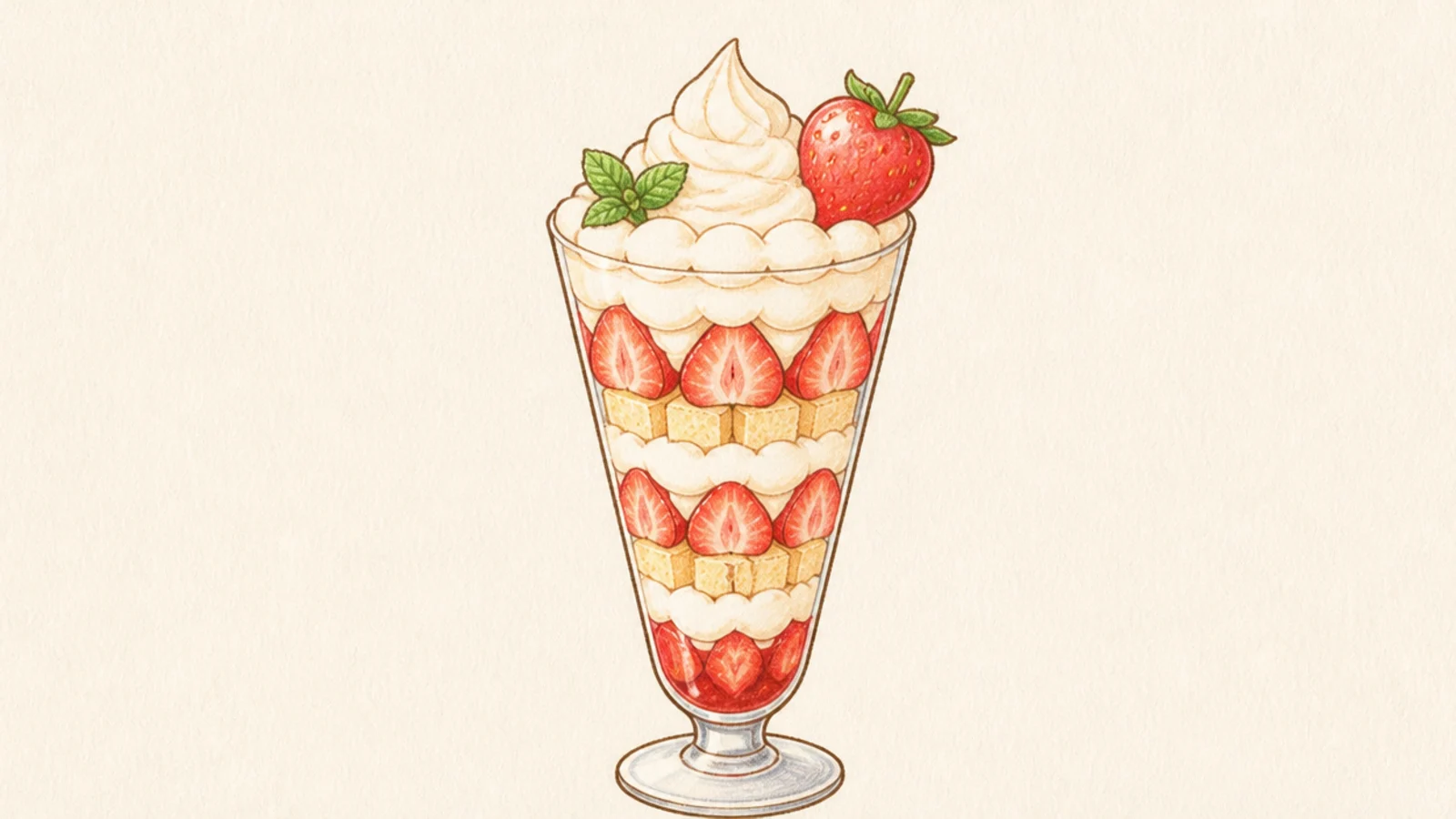A tall parfait glass layered with cream, cake, and strawberries