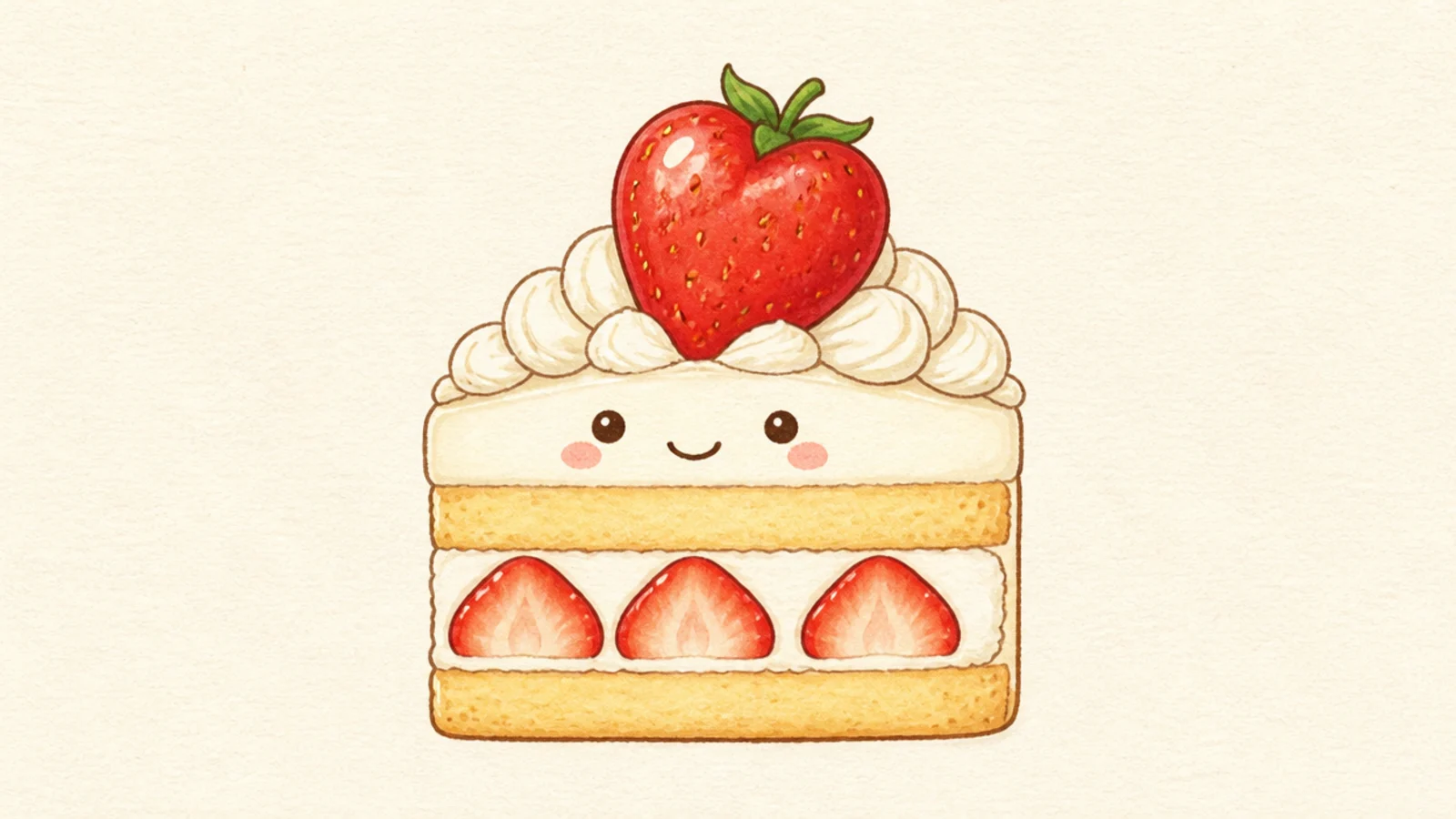 A cute strawberry shortcake slice with dot eyes and a smile