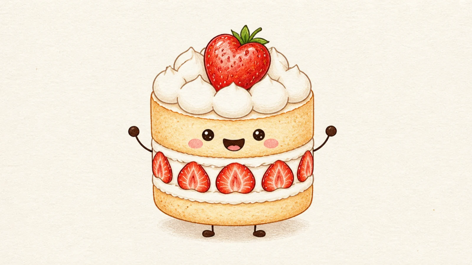A round cartoon shortcake character with arms and a happy face