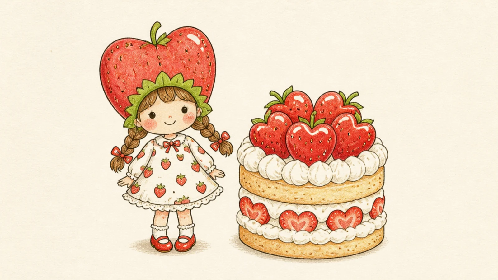 A cheerful girl doodle wearing a strawberry hat and berry-print dress