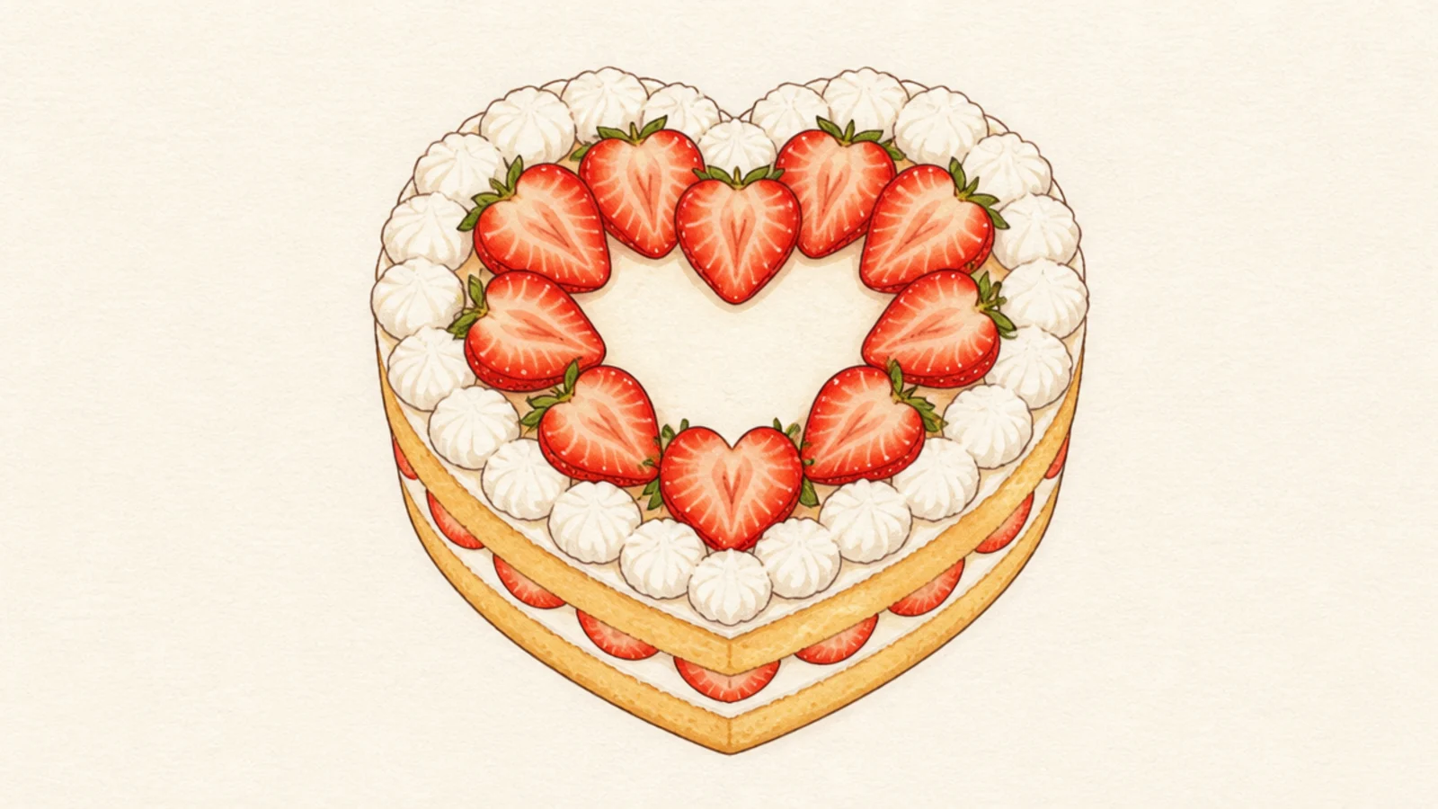 A heart-shaped strawberry shortcake with cream piped around the edge