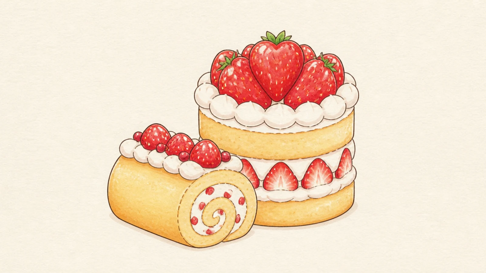 A sliced sponge roll spiraled with cream and strawberries