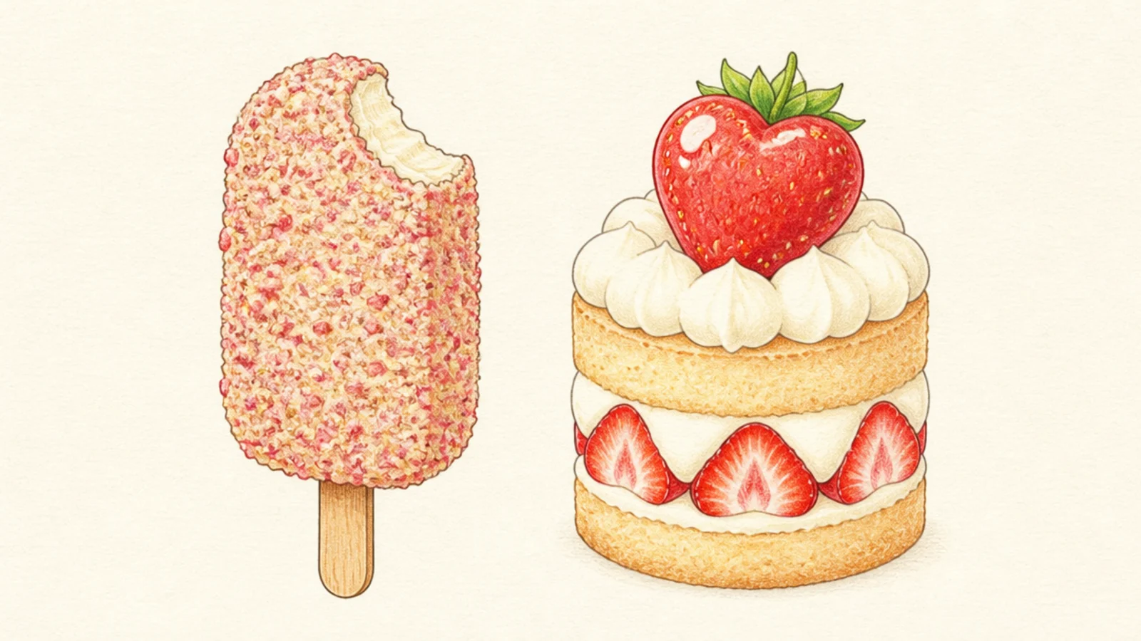 A crumb-coated strawberry shortcake ice cream bar on a stick
