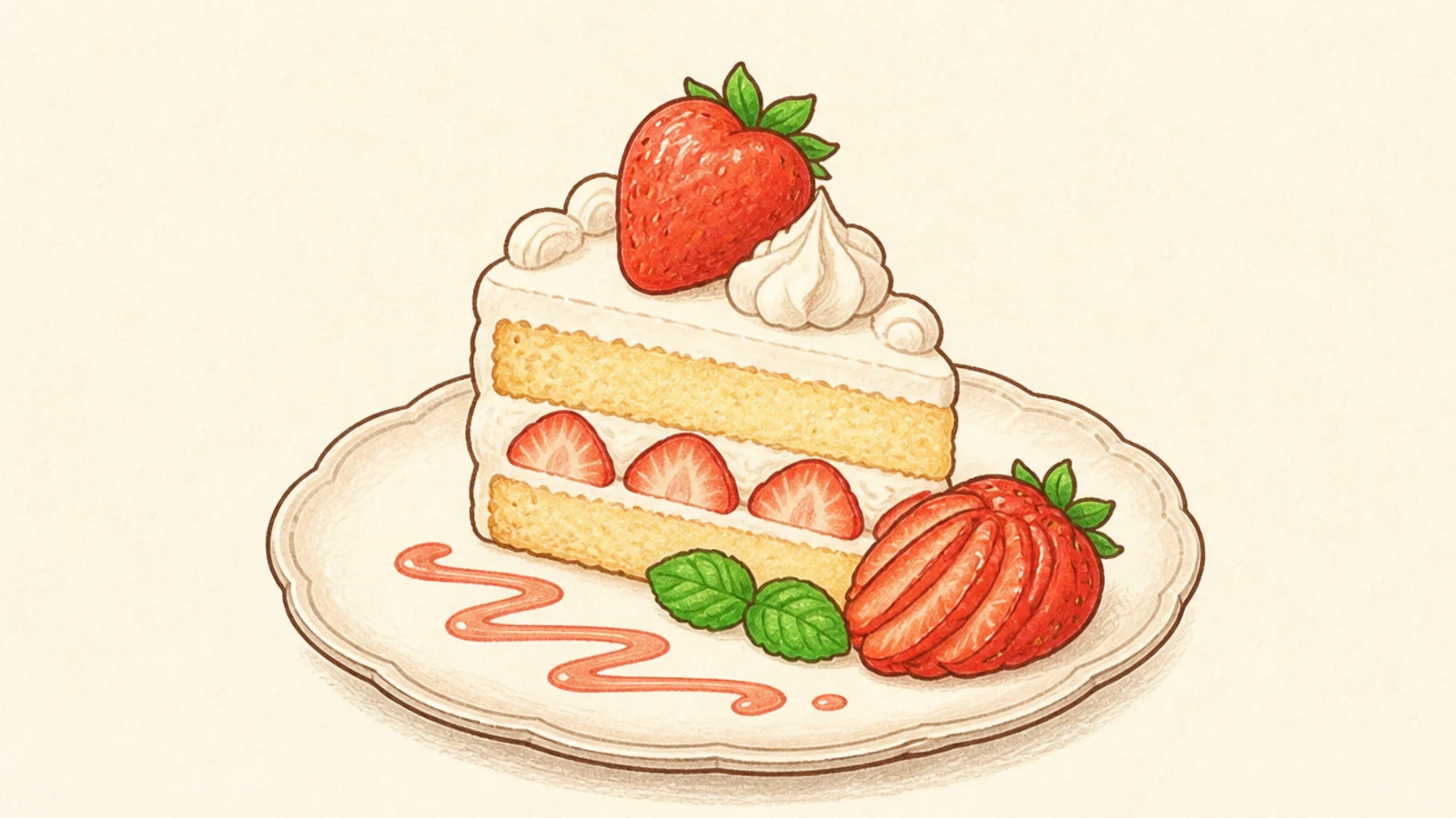 A shortcake slice garnished with a mint sprig and berry fan