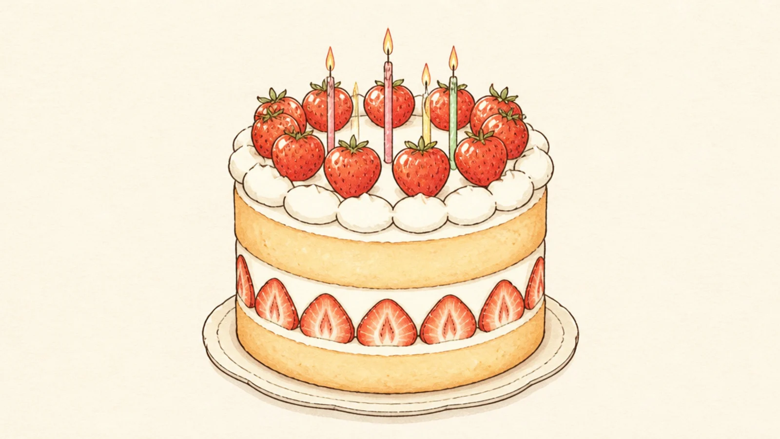 A whole round strawberry shortcake with candles for a birthday
