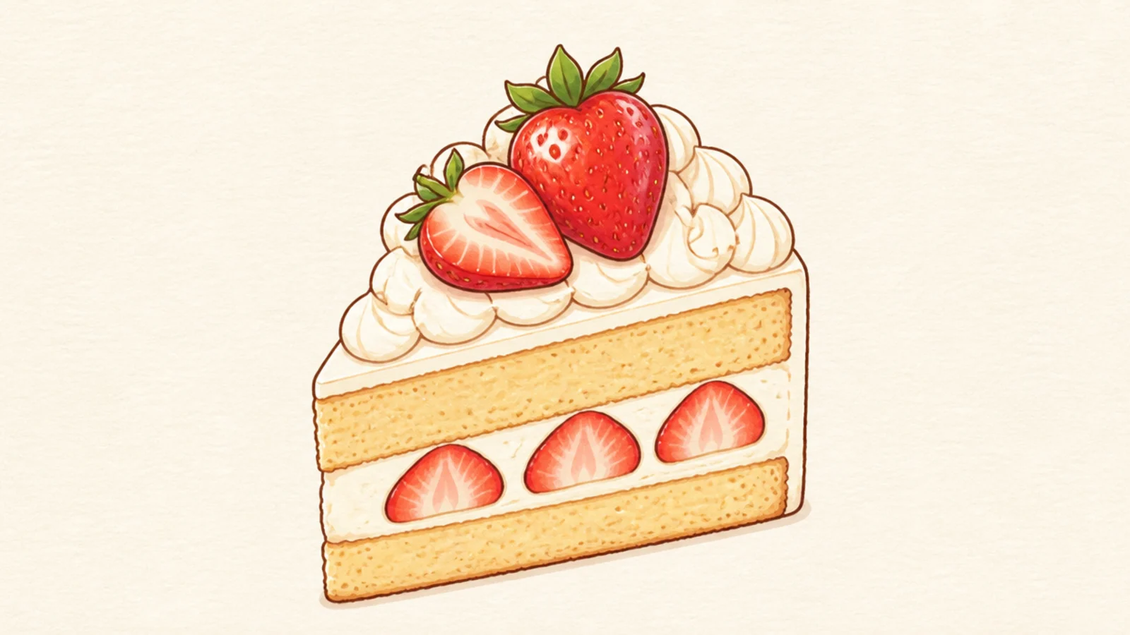 A strawberry shortcake slice drawn at a three-quarter angle