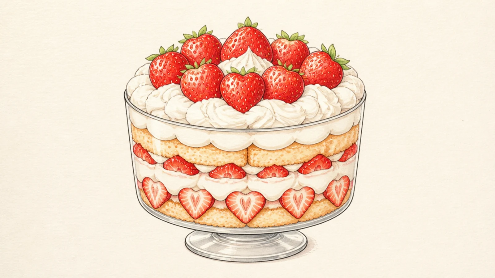 A glass trifle bowl layered with cake, cream, and strawberries