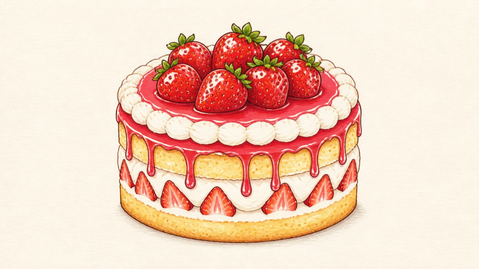 A shortcake with glossy strawberry glaze dripping down the sides