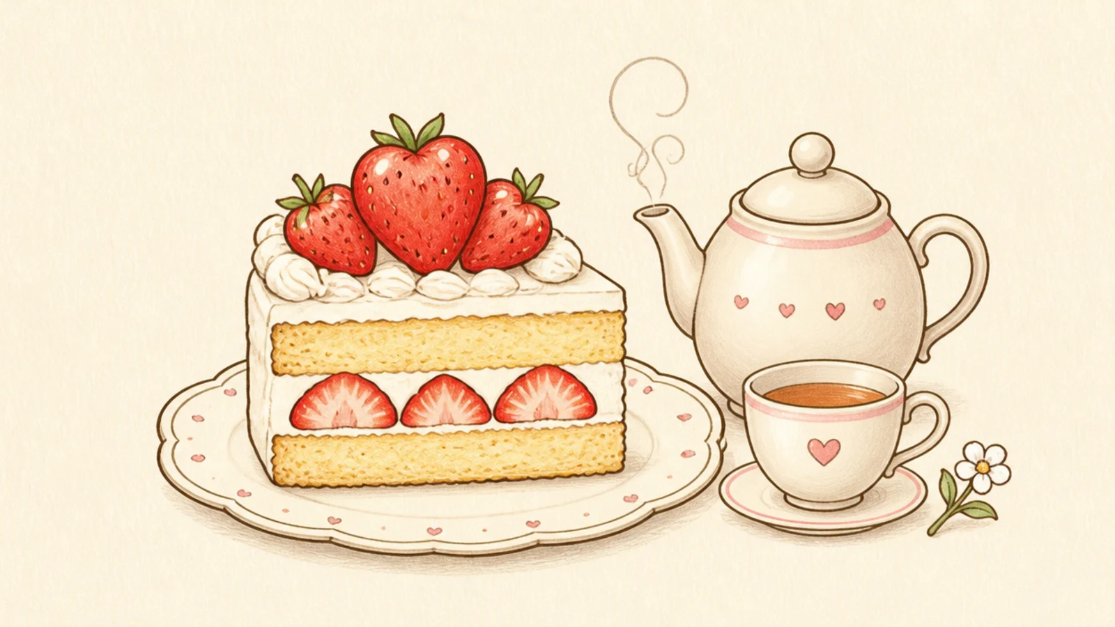 A tiny tea-party scene with a shortcake slice and a teacup