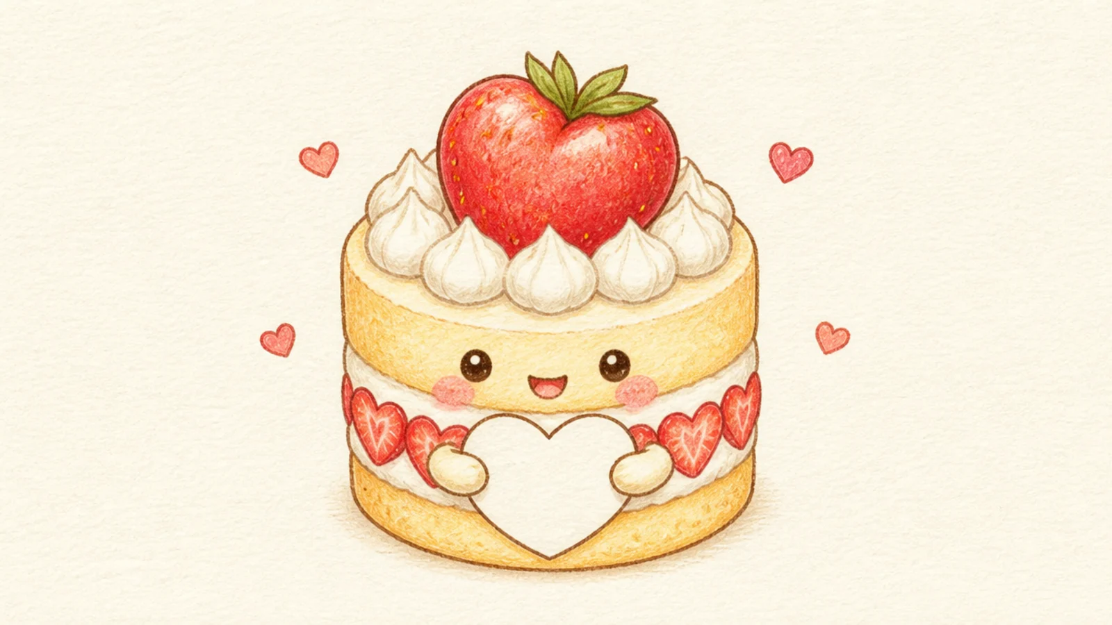 A cute shortcake mascot holding a small heart sign