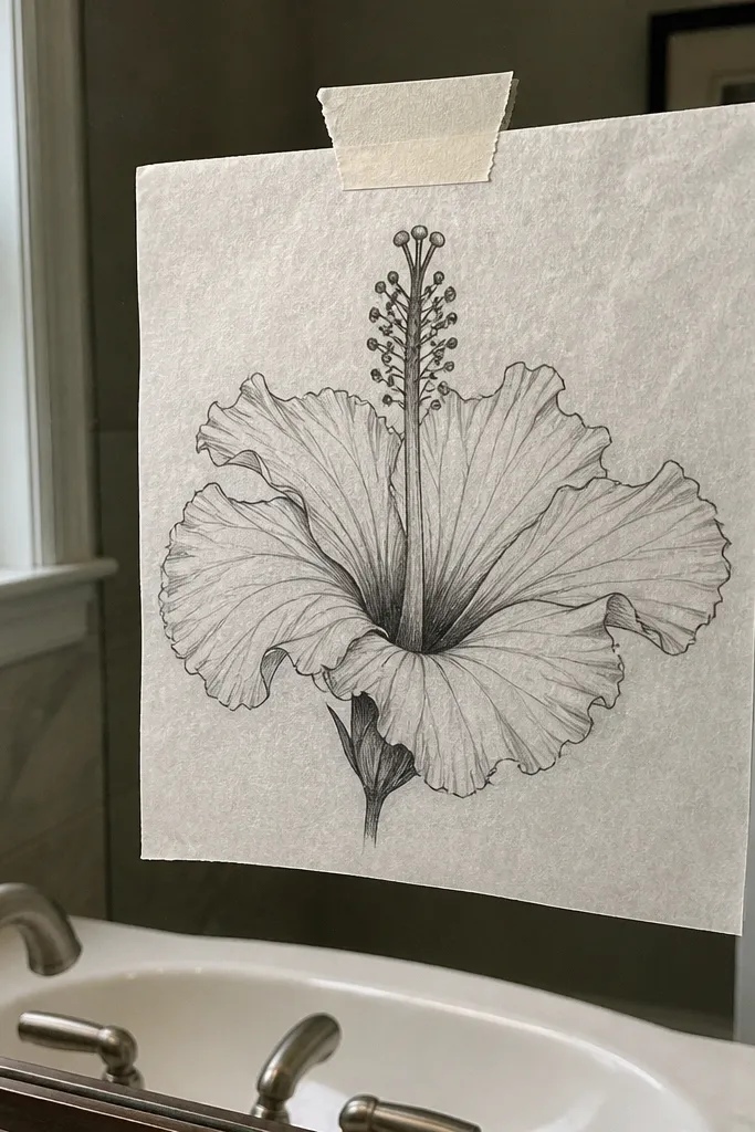 A hibiscus flower drawing with a tall center and layered petals around it