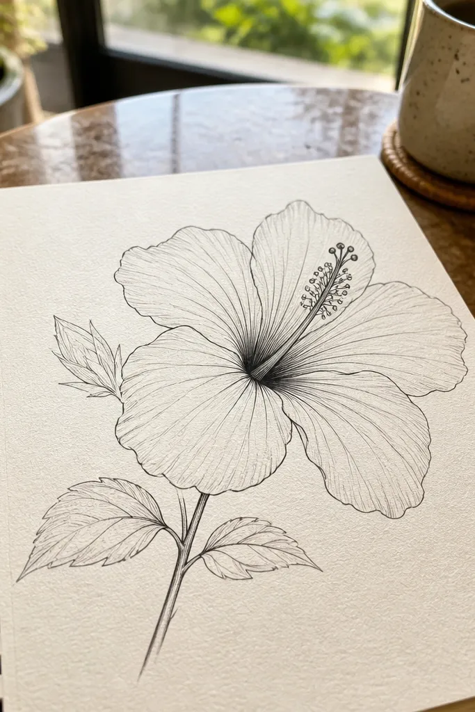 A fine-line hibiscus flower with long stamens fanning outward