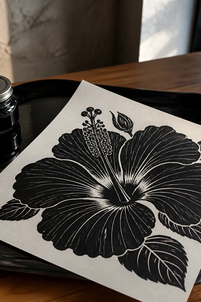 A bold blackwork hibiscus drawing with solid petal shapes