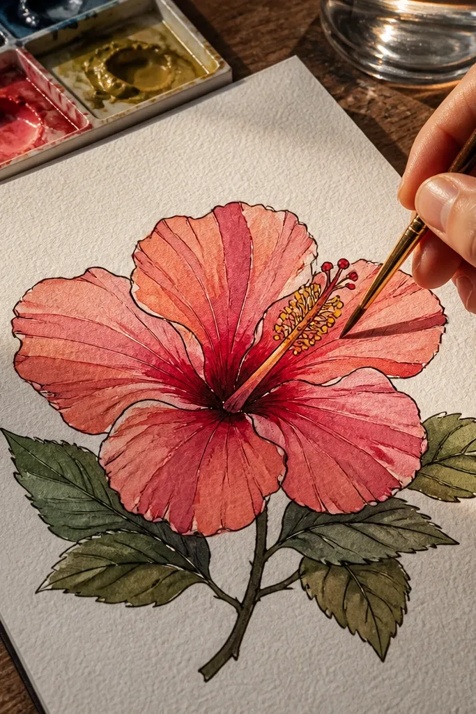 A hibiscus drawing with a sharp outline and soft colored petals