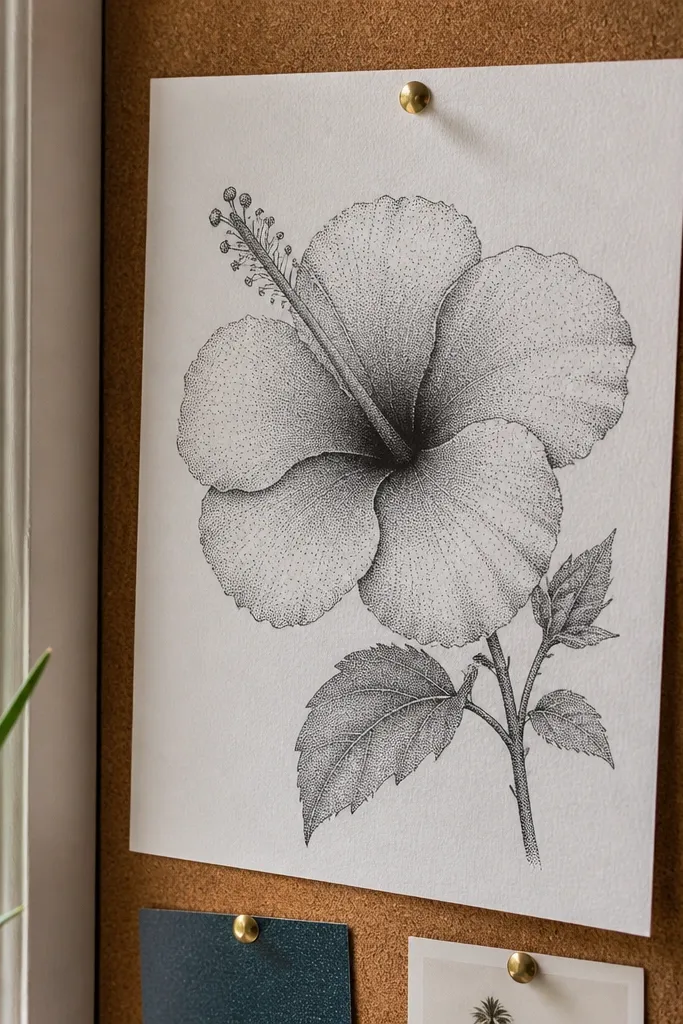 A hibiscus drawing shaded with lots of small dots on petal folds