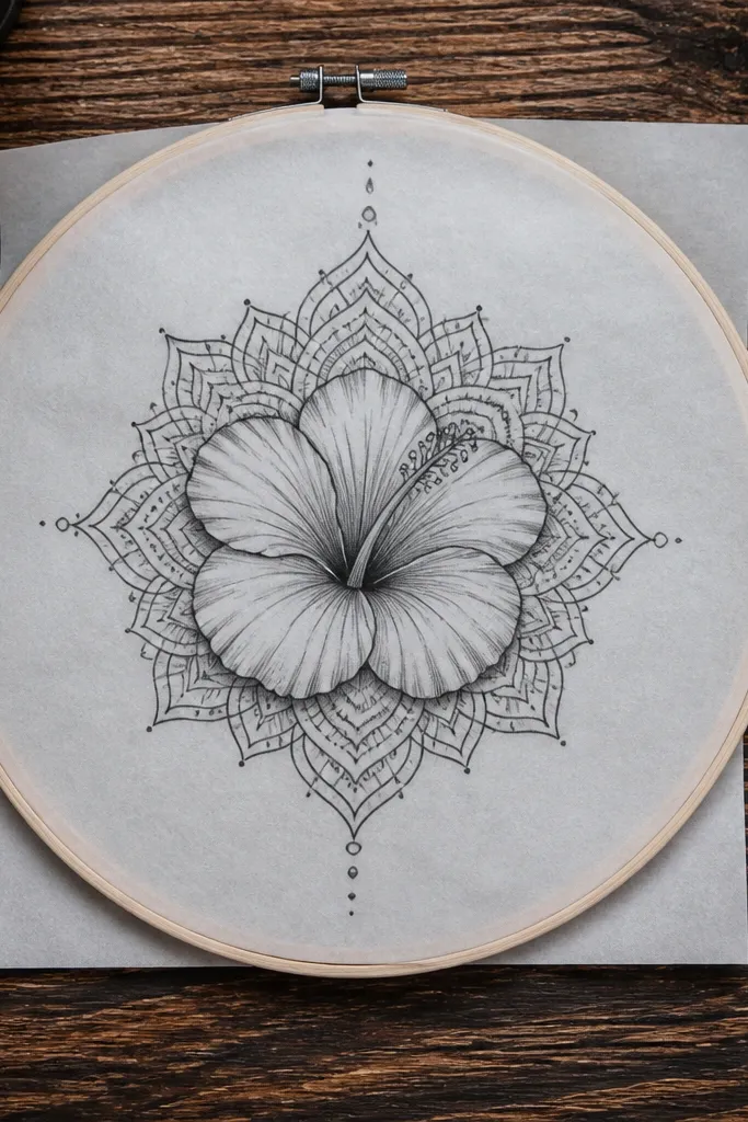 A hibiscus in the center with a circular mandala-style frame