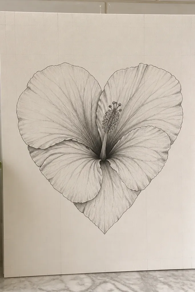 A hibiscus drawing where petal shapes form a subtle heart outline