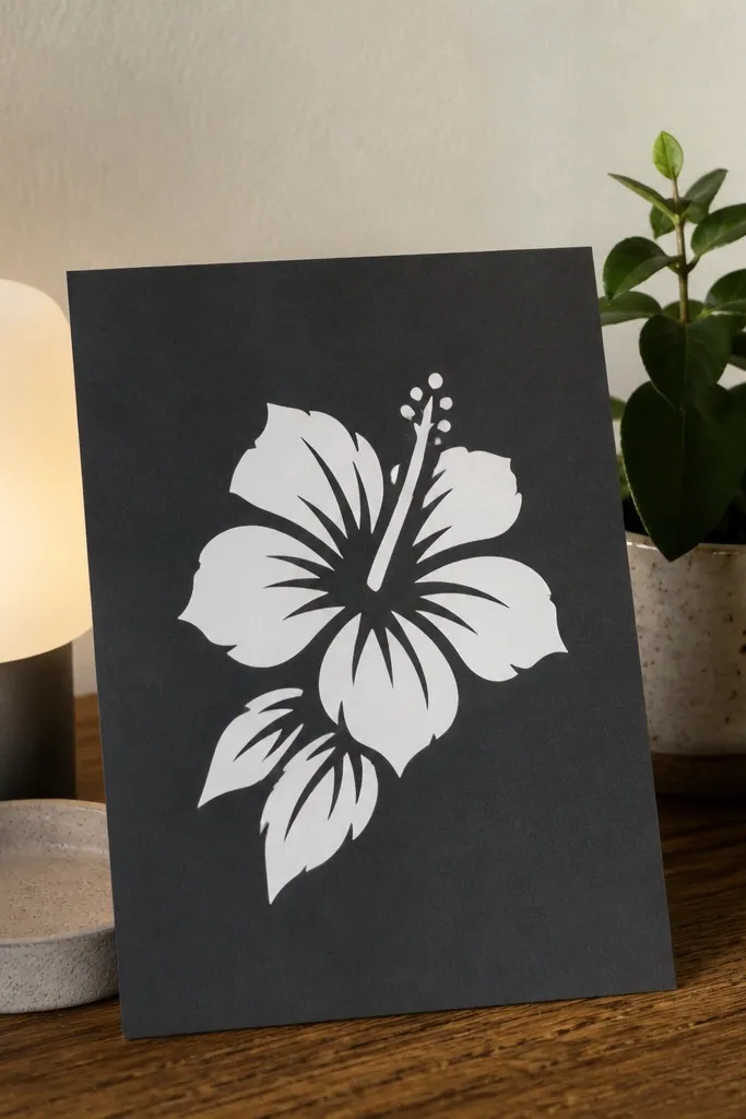 A hibiscus drawing with geometric, slightly angular petal edges