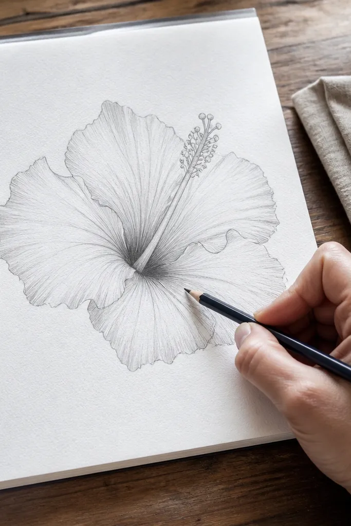 A hibiscus drawing with thin outline and smooth pencil shading