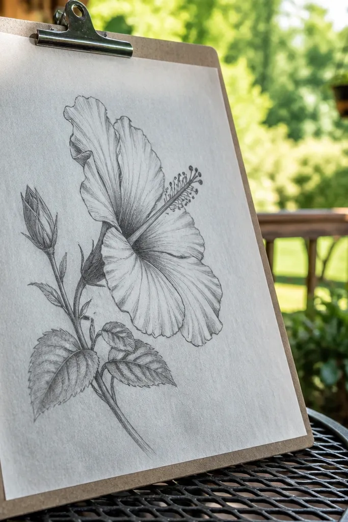 A hibiscus drawn from a side angle with curved layered petals