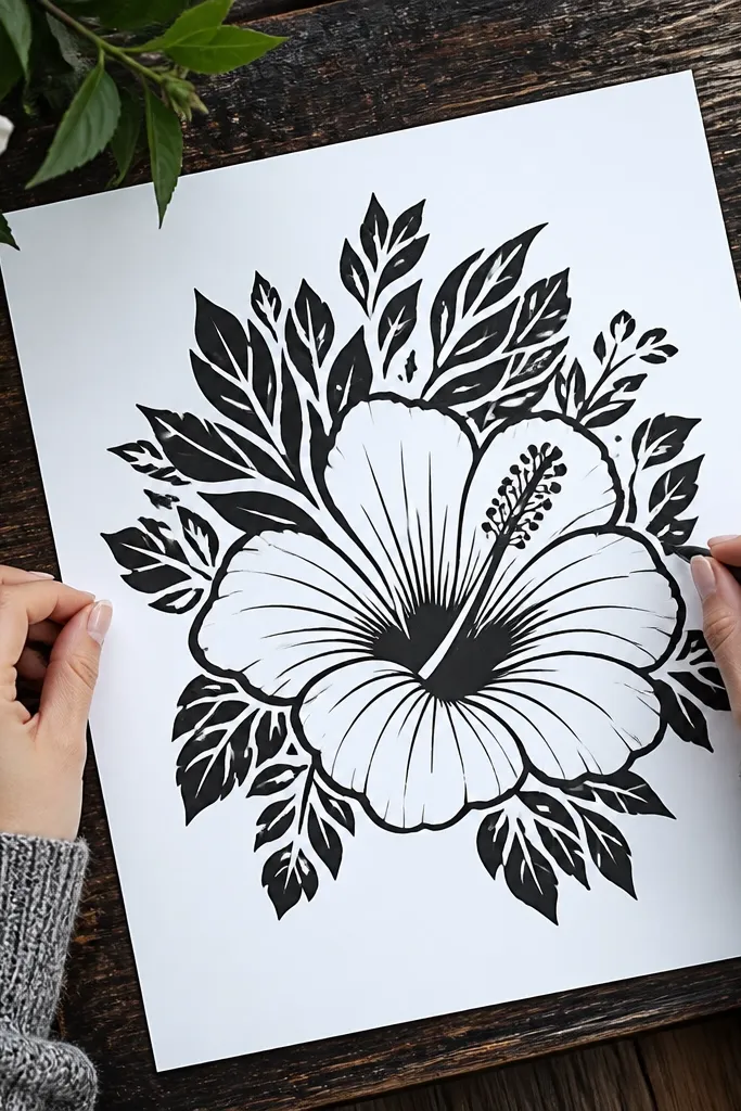 A hibiscus drawing with leaves shaped as negative space cutouts