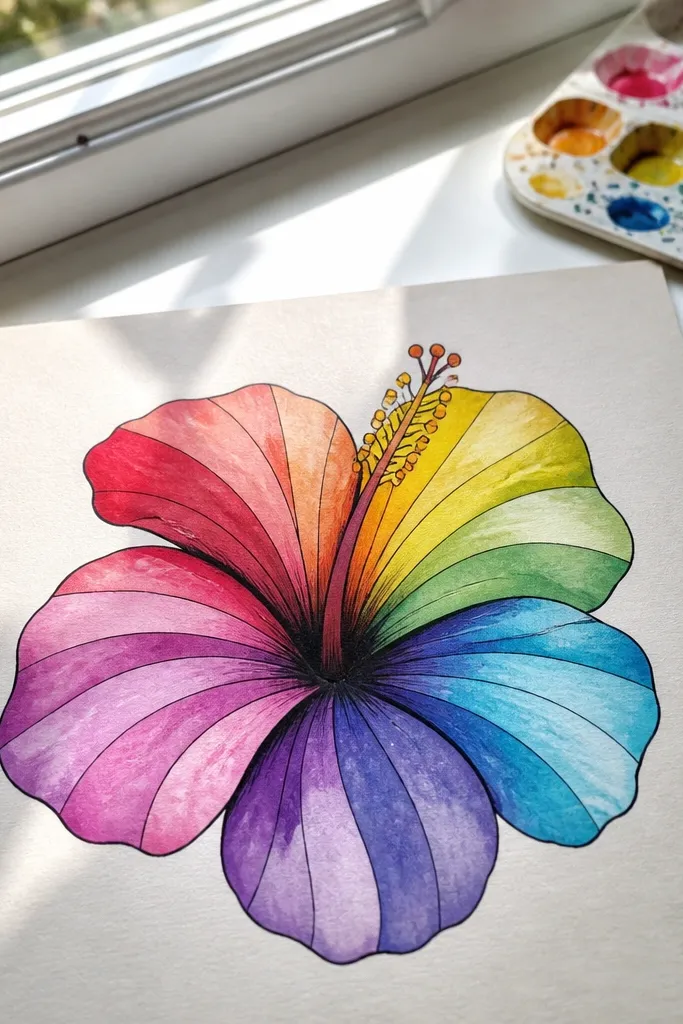A hibiscus drawing with colored bands across petals