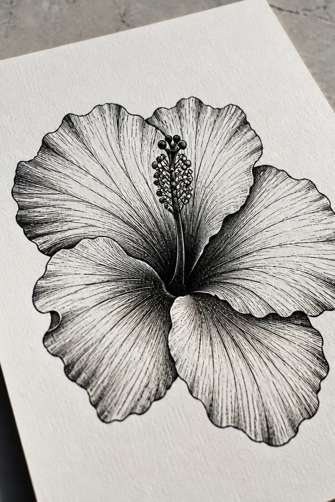 A hibiscus drawing with petal crease lines and bright edge highlights