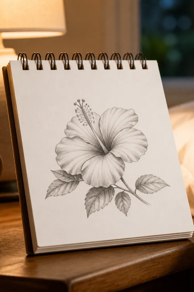 A stemless hibiscus with shaded petals and two small leaves on the sides