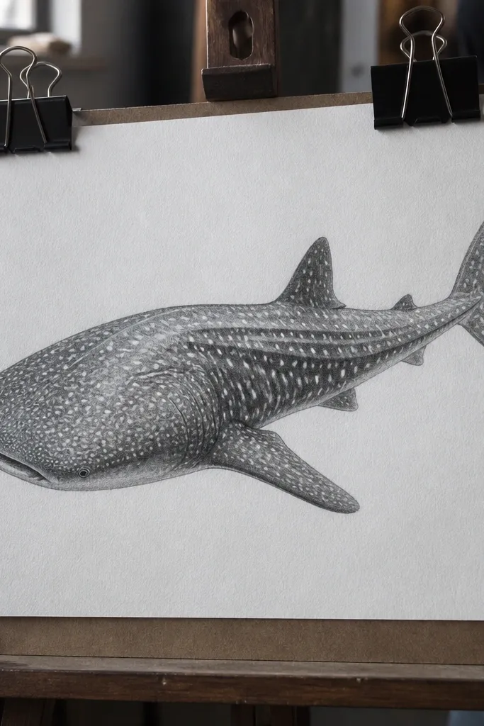 Pencil whale shark with light gray skin shading and scattered spot pattern
