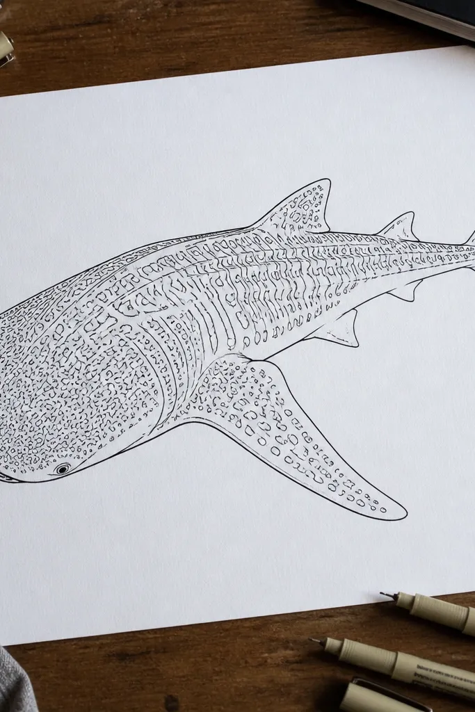 Black fineliner whale shark with crisp spot shapes and clean linework