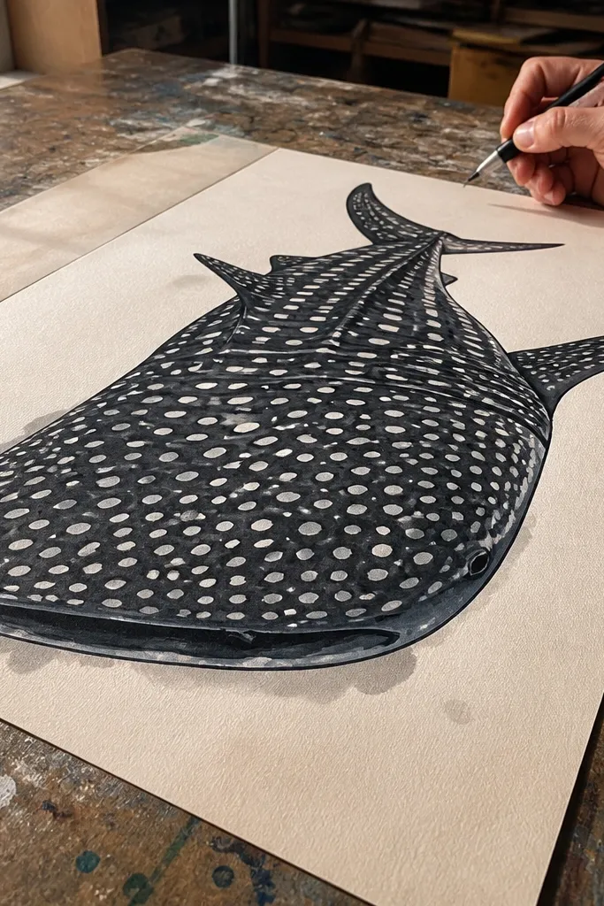 Marker whale shark with dark skin fills and bold white spot shapes