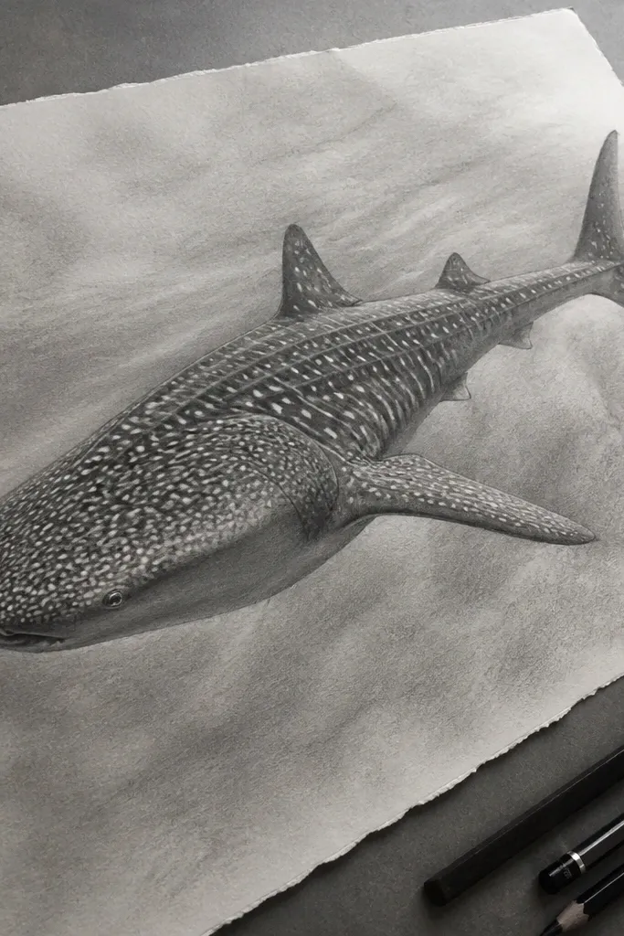 Graphite whale shark with smudged spot edges and smooth shading