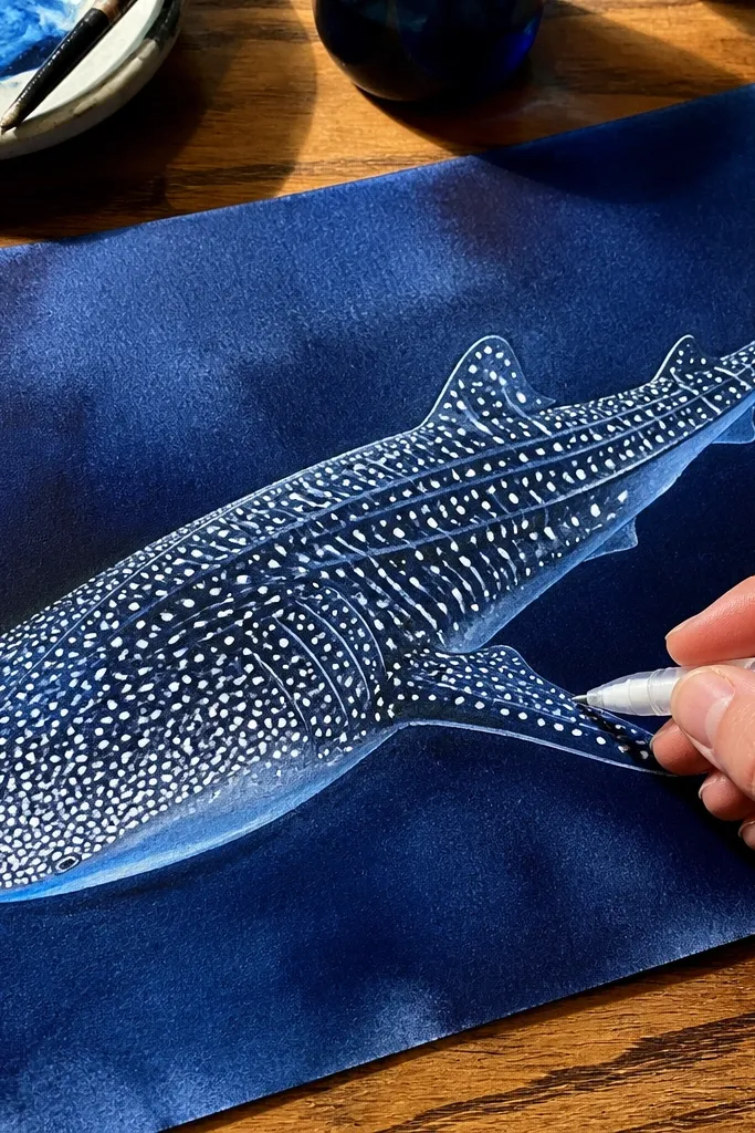 Dark blue whale shark with bright white spot patterns drawn with gel pen
